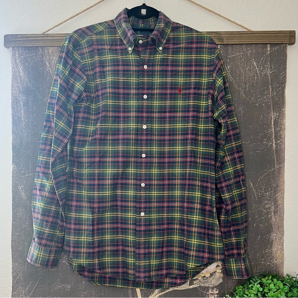 Ralph Lauren Green Blue Red Plaid Custom Fit Button Up Men’s Shirt Sz S Preppy